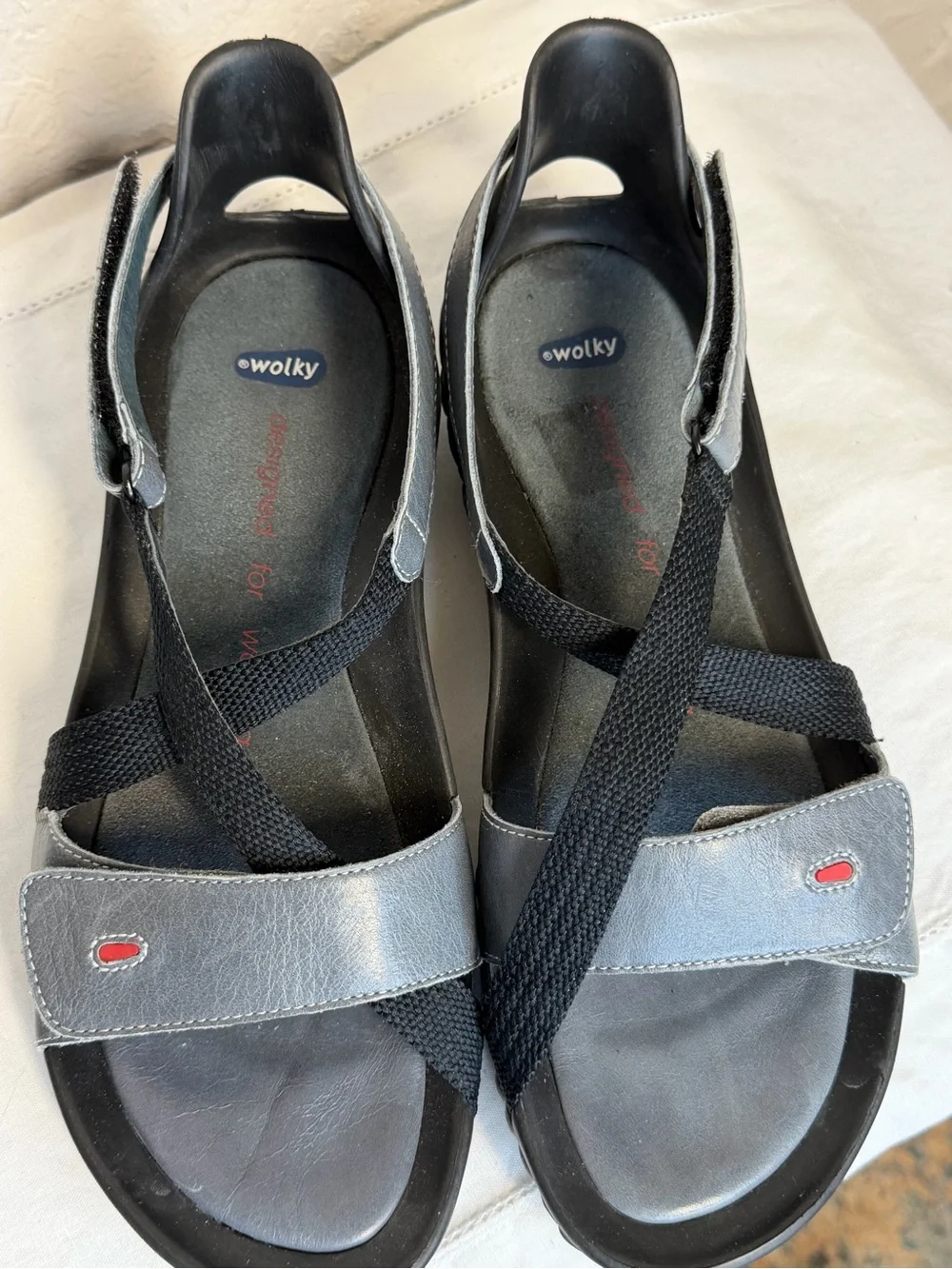 Wolky Women's Gray Black Jewell Criss-Cross Velcro Strap Sandals